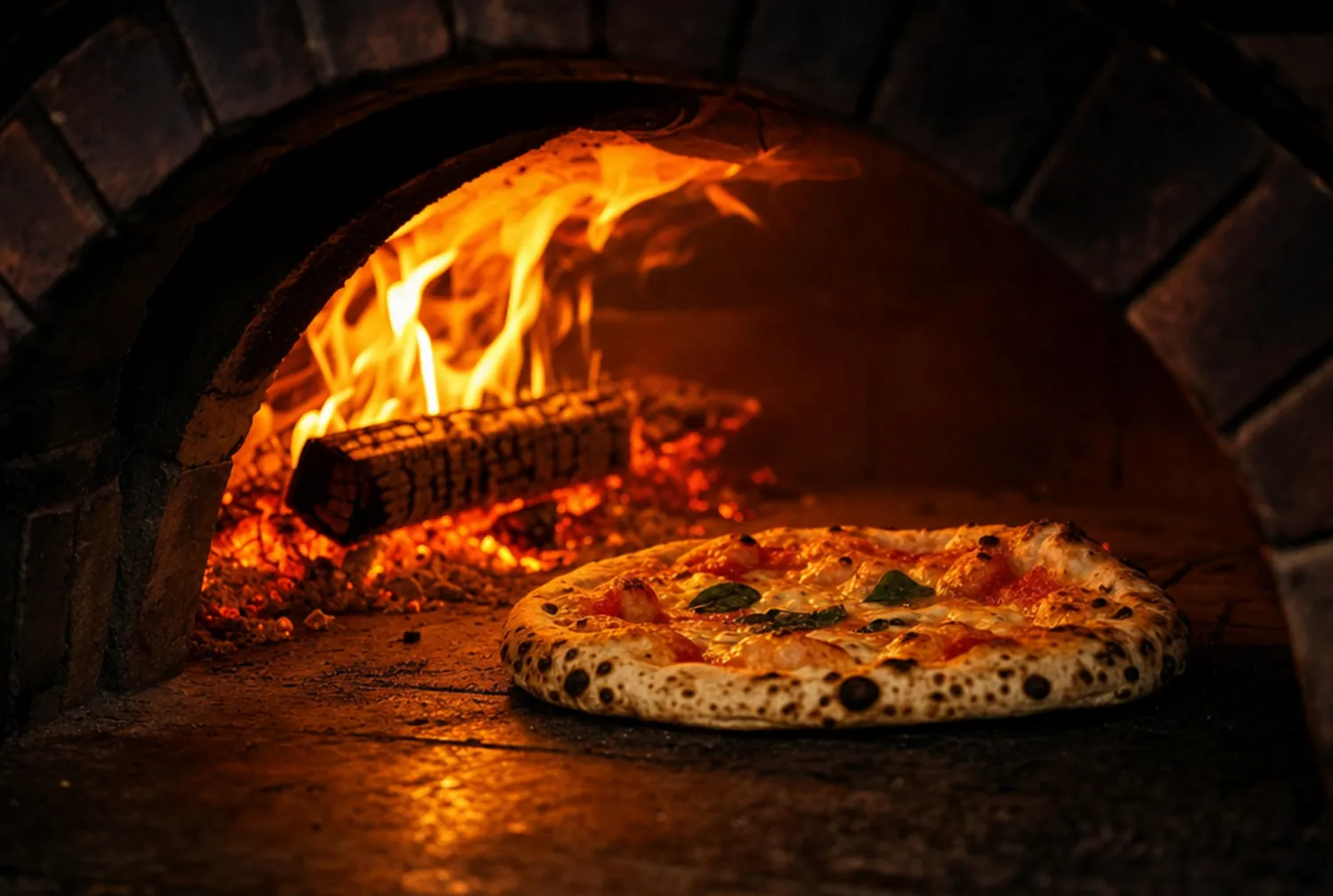 Boca del horno de leña con las llamas y una pizza horneándose