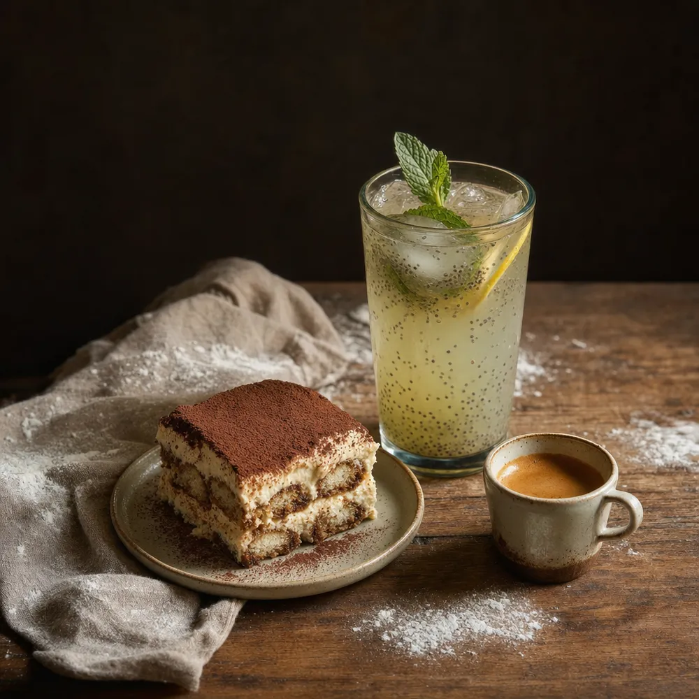 Tiramisú, limonada con chía y un espresso